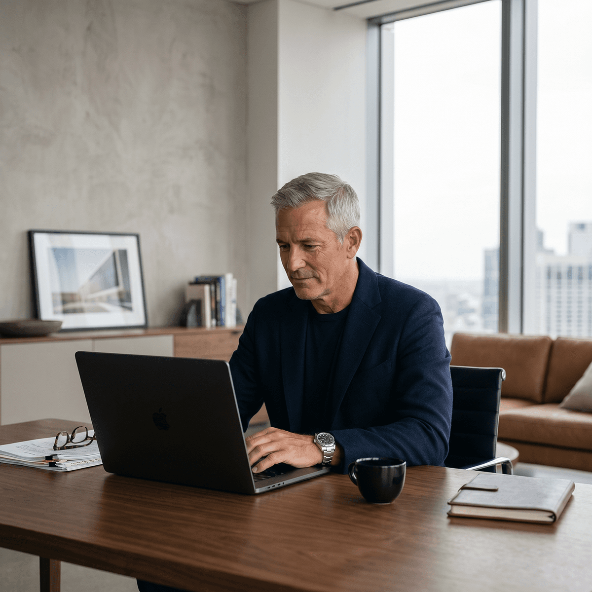 A financial-services executive working at a laptop with a city skyline behind