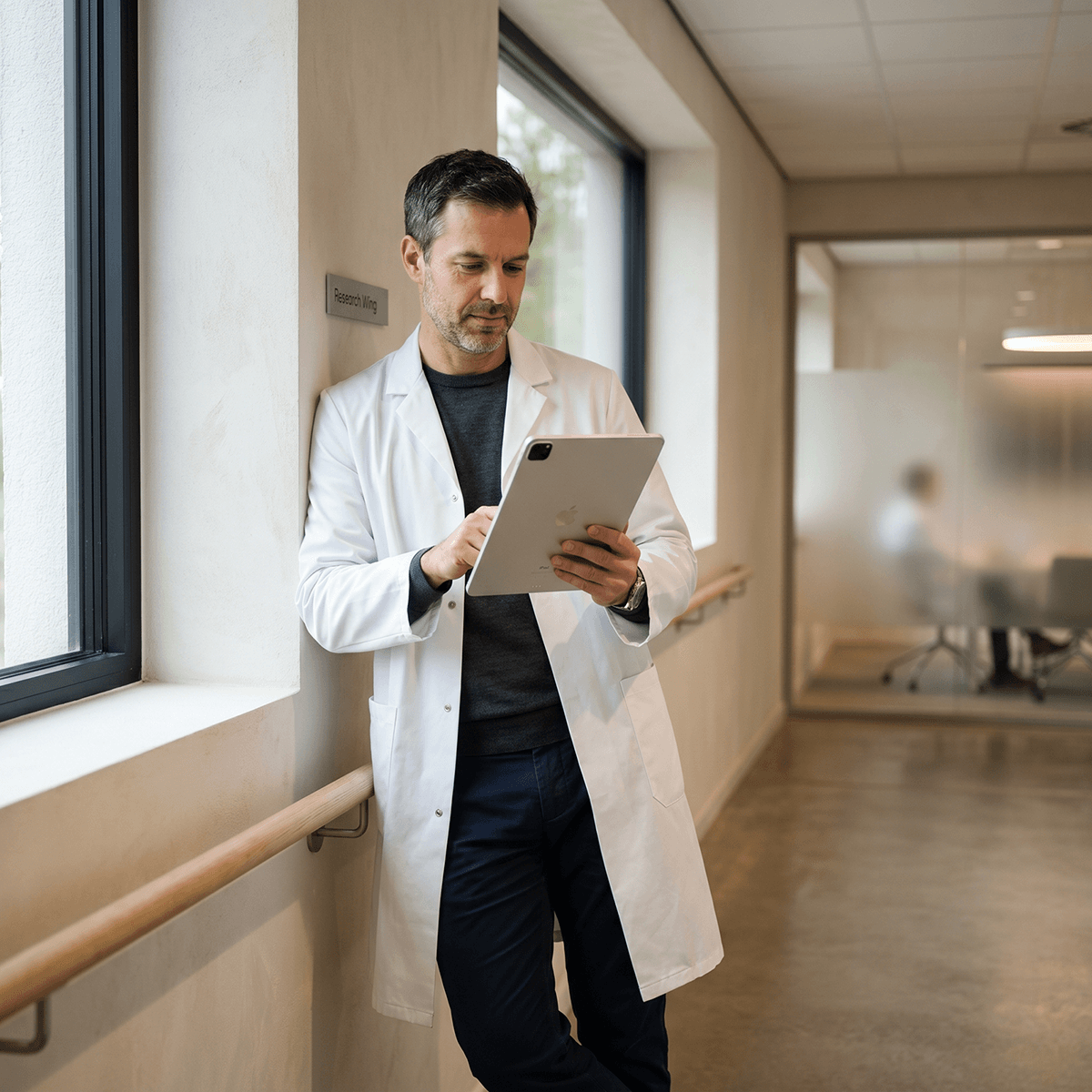 A clinician reviewing data on a tablet in a hospital research wing
