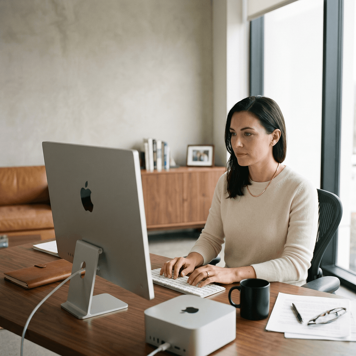 A lawyer working at a desktop computer in a calm office