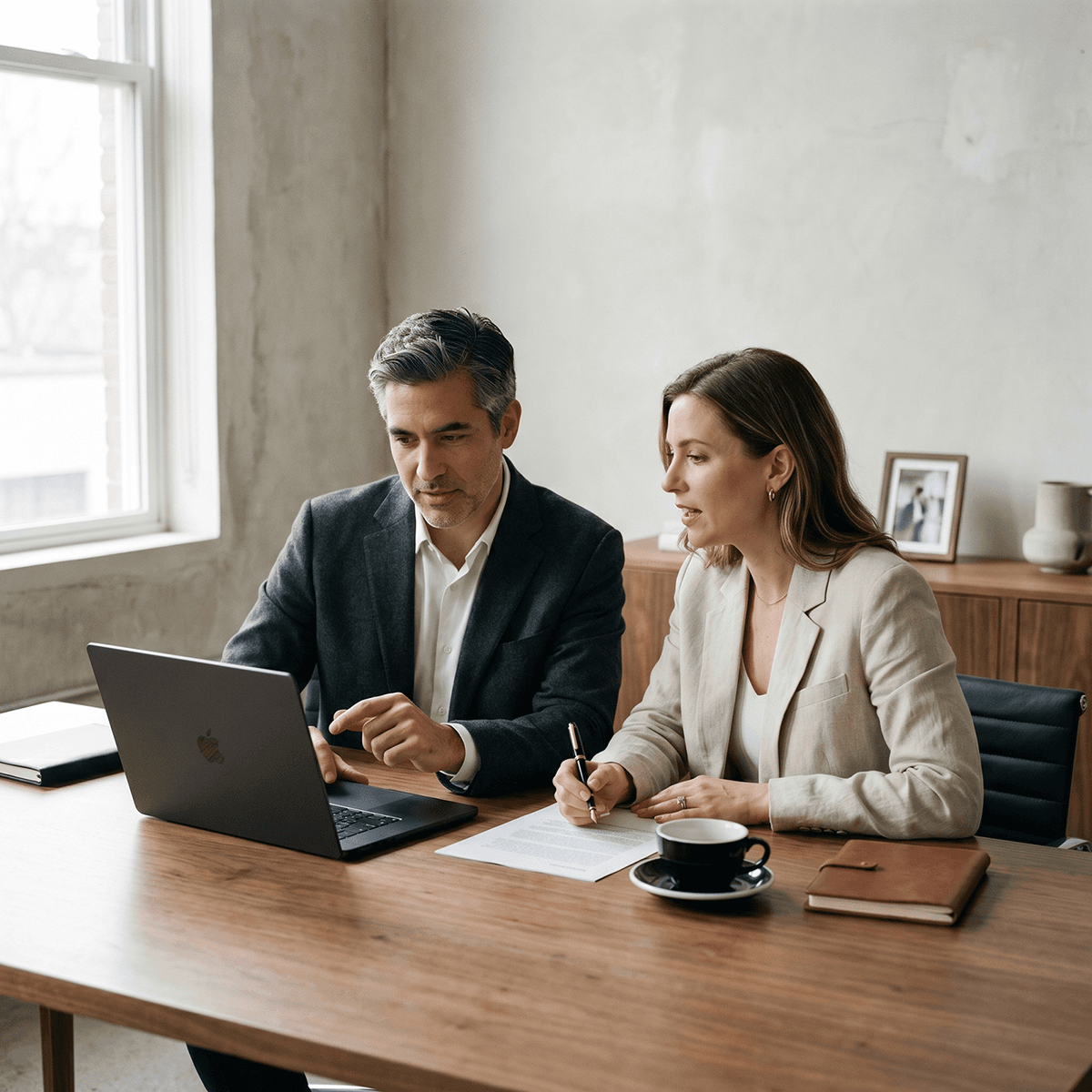 Two professional-services advisers reviewing a document at a laptop